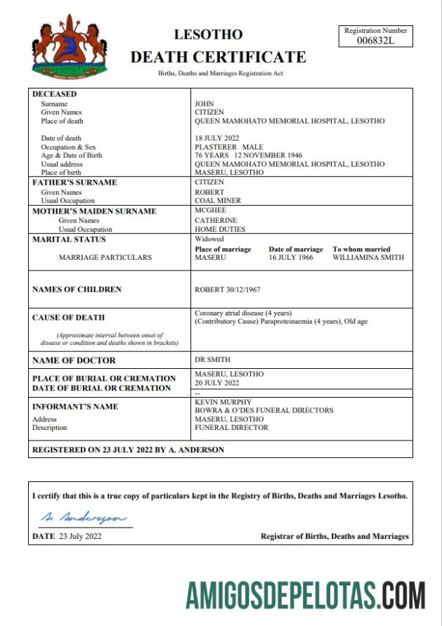 Imprimível modelo Word e PDF de certidão de óbito de registro vital do Lesoto